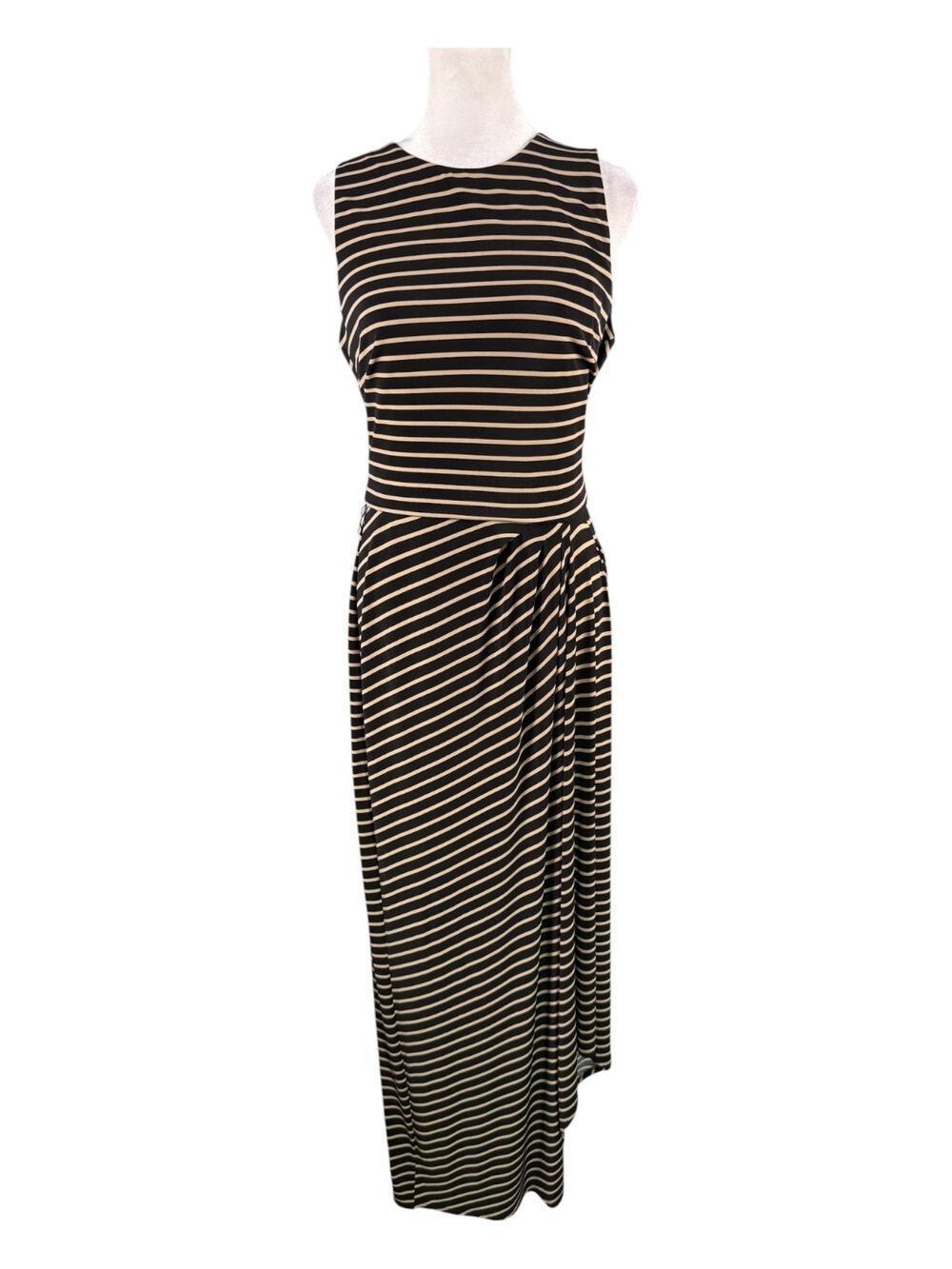 Lauren Ralph Lauren 10 Sleeveless Black Tan Striped Side Drape Maxi Dress LRL